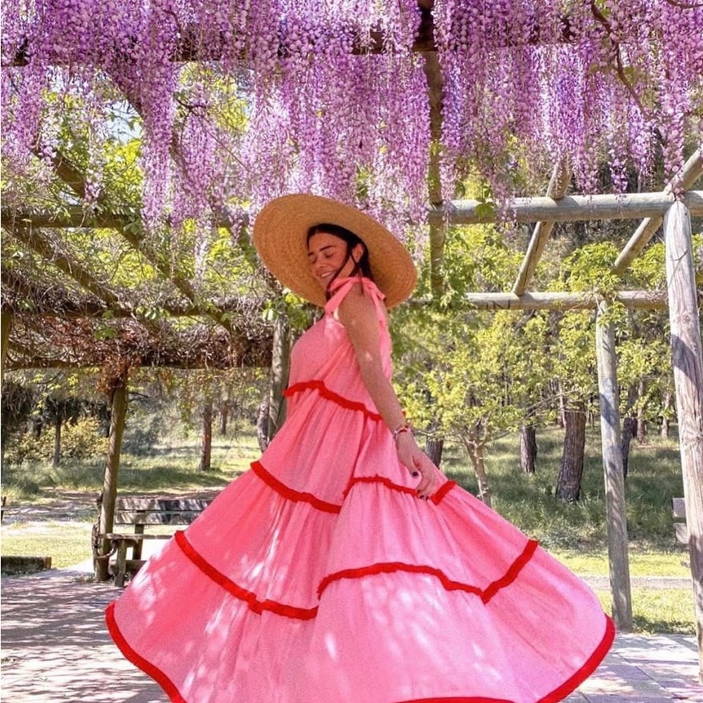 Elegant Pink Maxi Dress with Red Accents